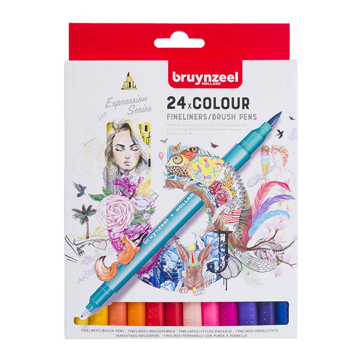 Bruynzeel, Twintip, Fineliner und Brush Pen, Pinselstifte, 24 Farben, Produktansicht