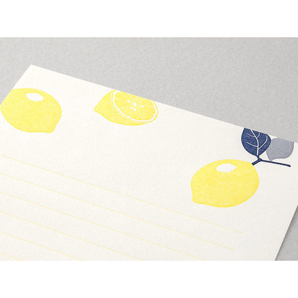 Briefset, Hersteller Midori,  Letterpress , lemon, Zitrone, Nahansicht des Briefpapiers