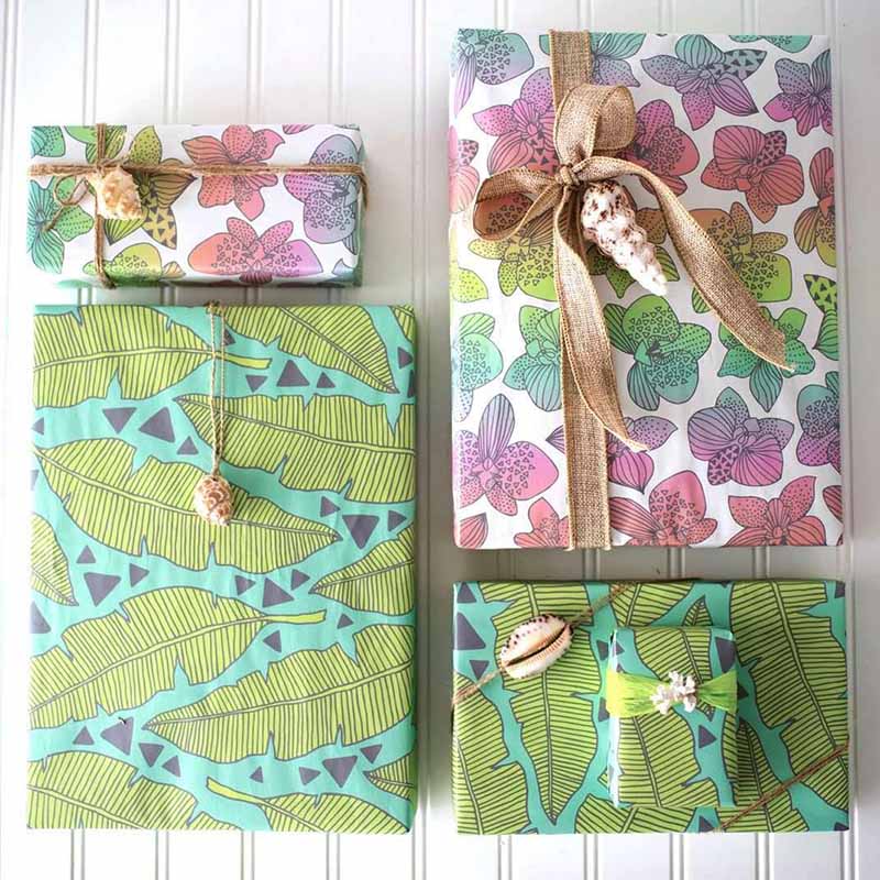 Wrappily Eco / doppelseitiges Geschenkpapier / Tropical Leaves / Rainbow Orchids / 3 Bögen